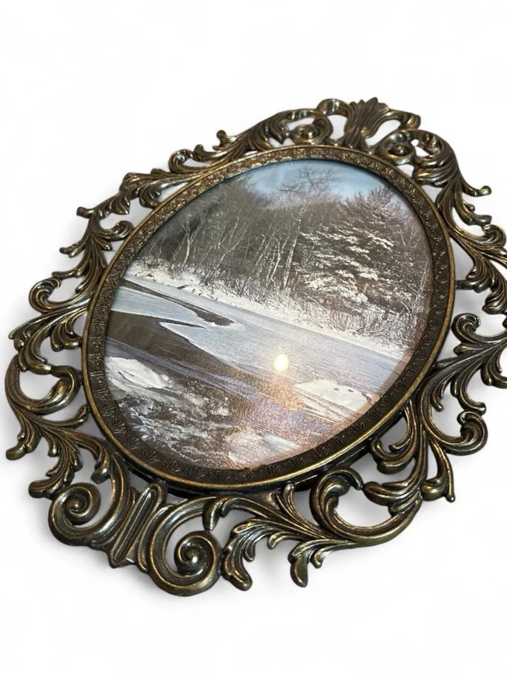 Vintage Italian Ornate Bronze-Tone Oval Wall Frame with Winter Landscape